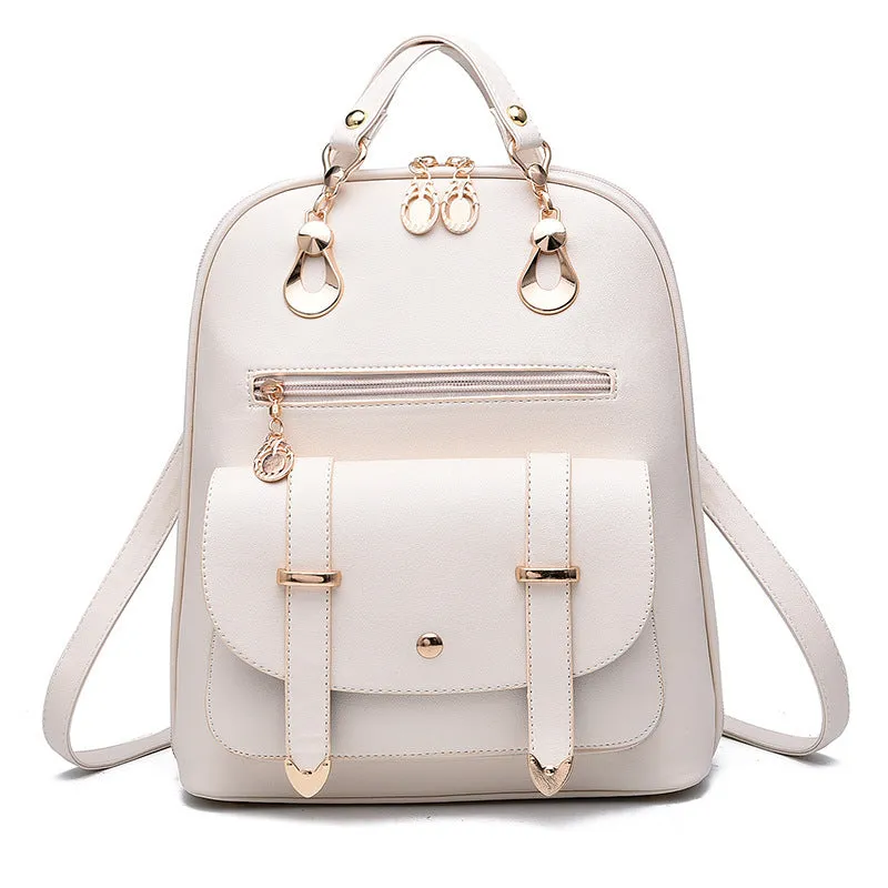 Women's PU leather dual-use backpack in black, flat lay view showing front and strap