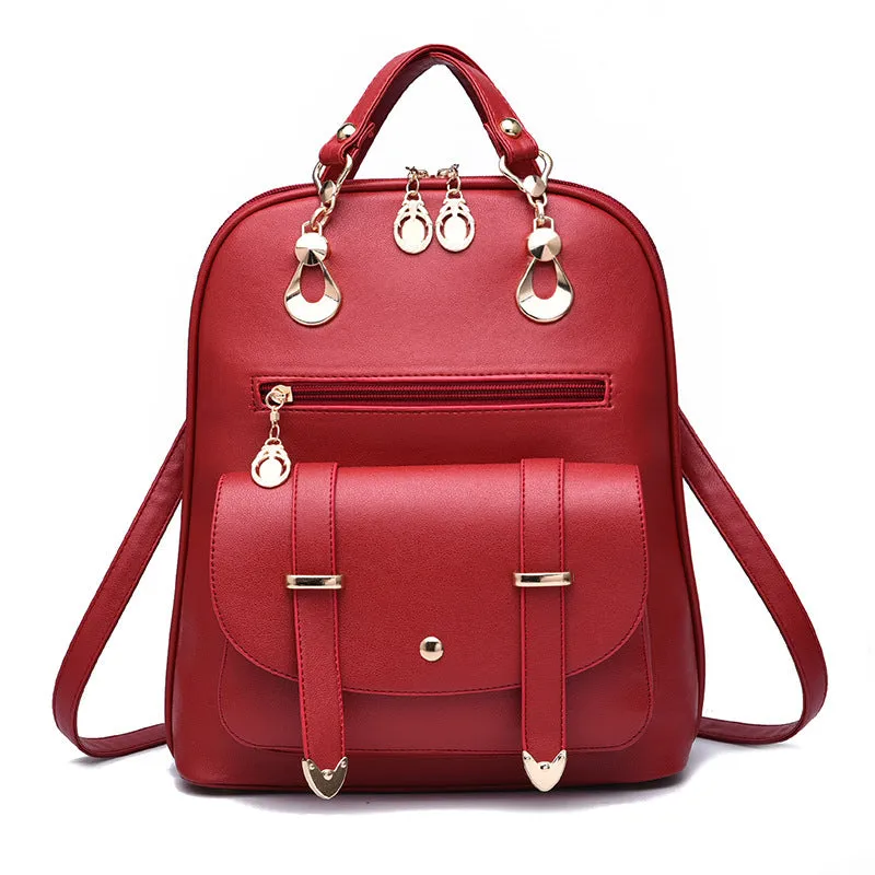 Women's PU leather dual-use backpack in black, flat lay view showing front and strap