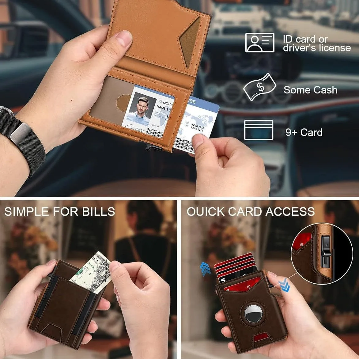 Men's dark brown RFID anti-theft card bag with brushed aluminum alloy plate and microfiber finish, compact size