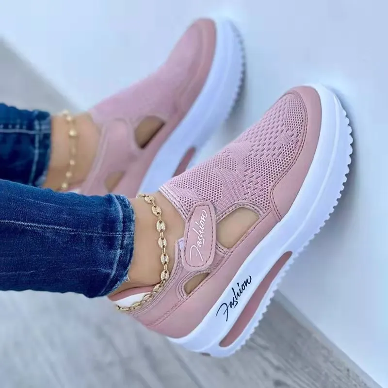 Women's casual low wedge breathable mesh sneakers with Velcro fastening available in black blue pink red sizes 35-43