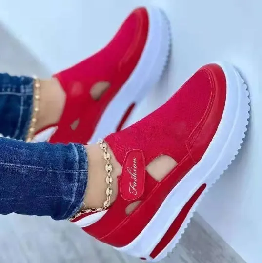 Women's casual low wedge breathable mesh sneakers with Velcro fastening available in black blue pink red sizes 35-43
