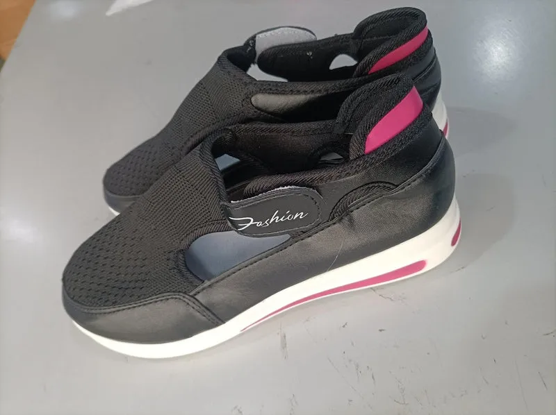 Women's casual low wedge breathable mesh sneakers with Velcro fastening available in black blue pink red sizes 35-43
