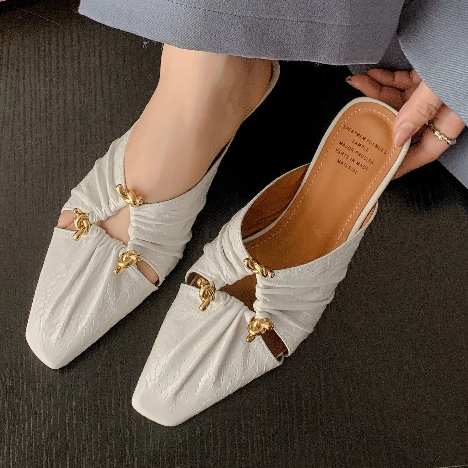 Women's genuine leather half toe cap slippers in metallic colours with square toe and TPR sole