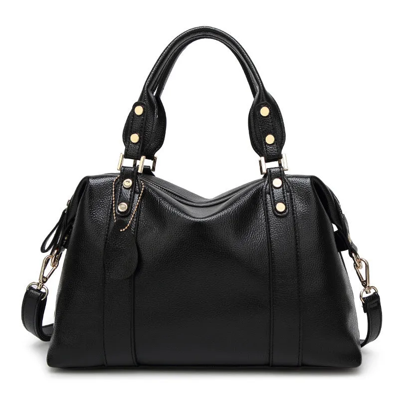 Lychee pattern PU leather women's handbag 33x13x23cm in black, shoulder bag with pull height 16cm