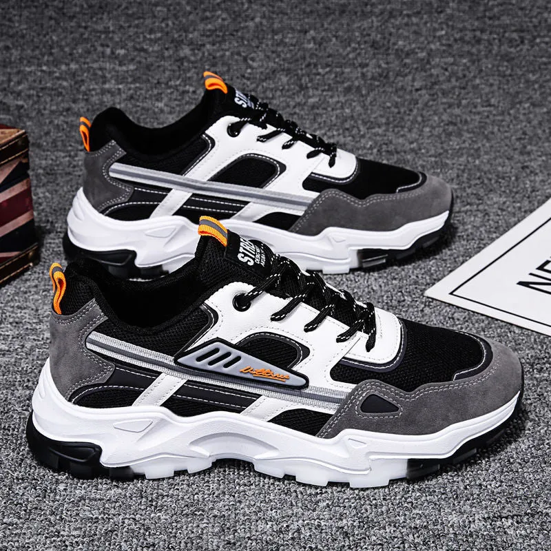 Black and white men's lace-up mesh sneakers with thick rubber sole for outdoor running