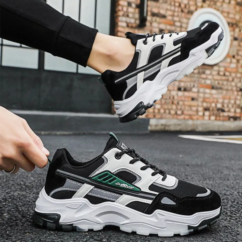 Black and white men's lace-up mesh sneakers with thick rubber sole for outdoor running