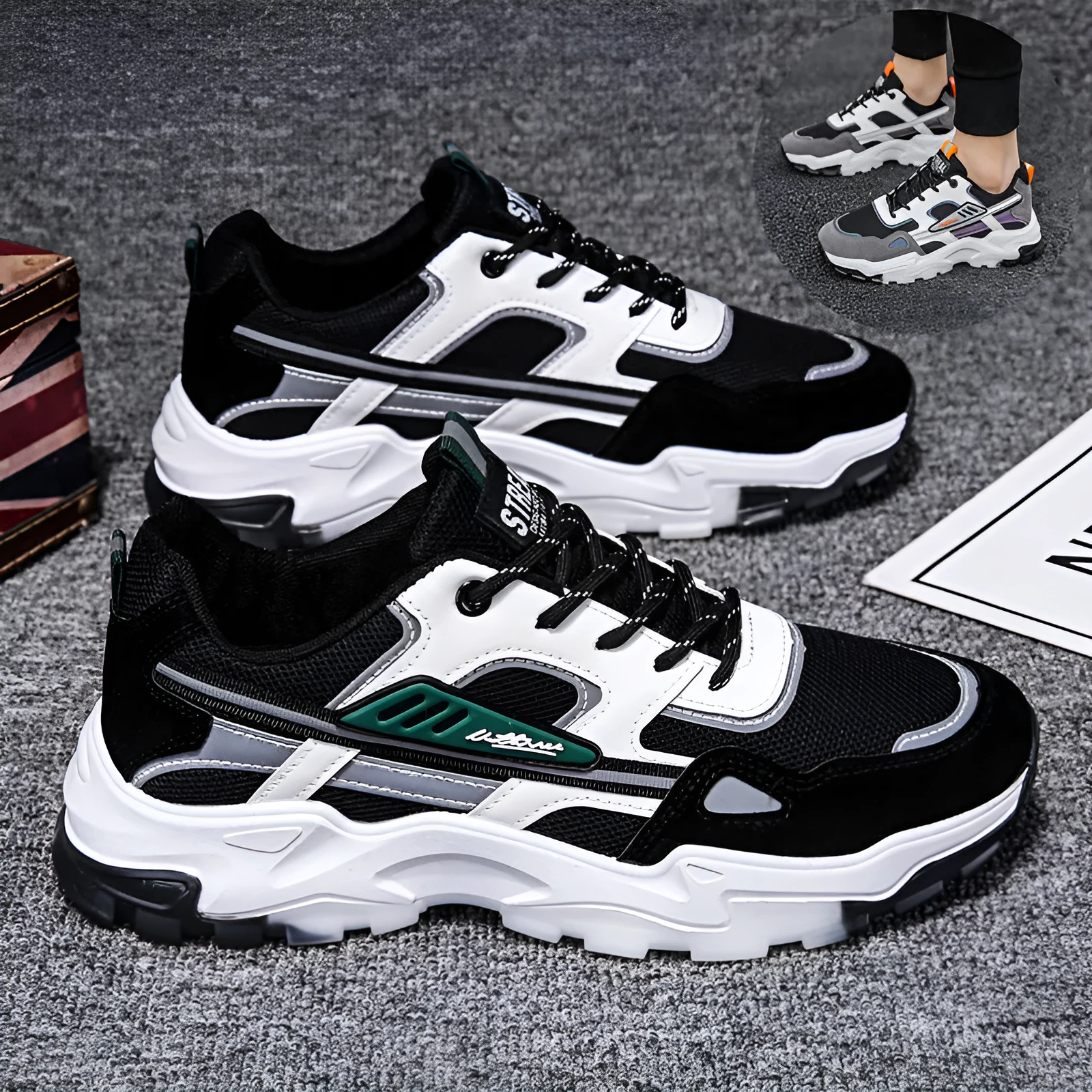 Black and white men's lace-up mesh sneakers with thick rubber sole for outdoor running