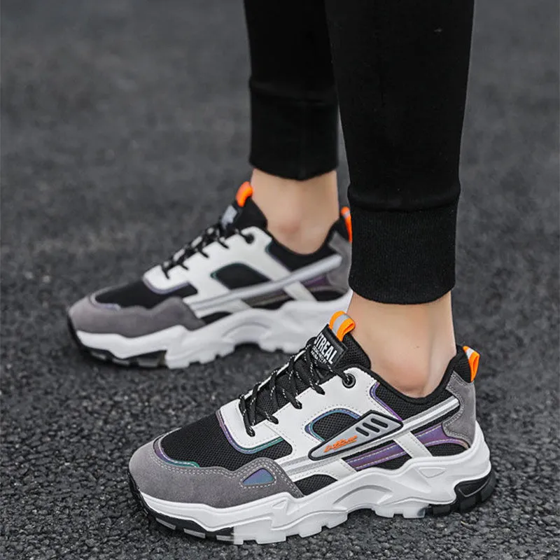 Black and white men's lace-up mesh sneakers with thick rubber sole for outdoor running