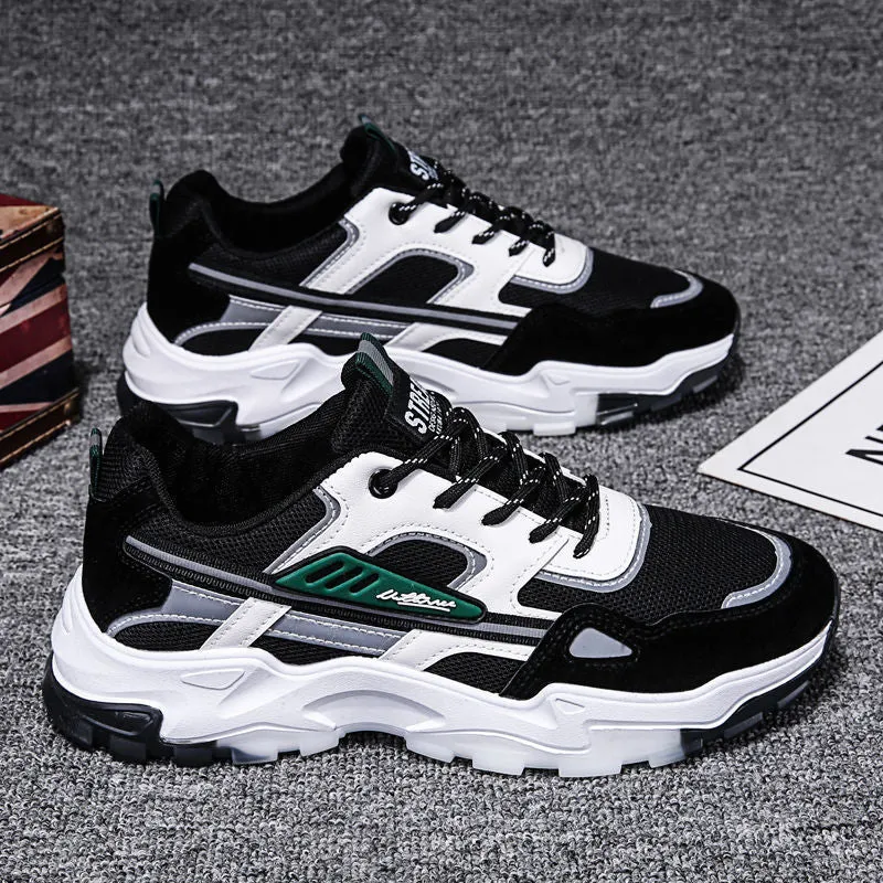 Black and white men's lace-up mesh sneakers with thick rubber sole for outdoor running