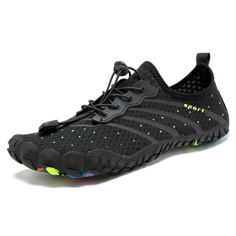Fast drainage beach swimming shoes with mesh fabric upper and rubber sole in army green colour