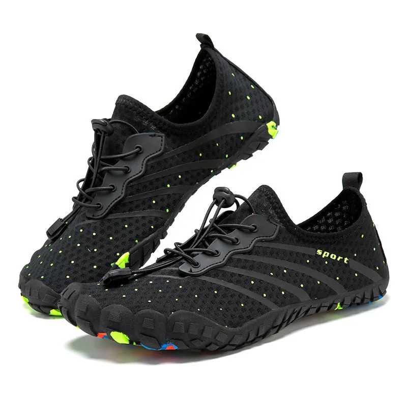 Fast drainage beach swimming shoes with mesh fabric upper and rubber sole in army green colour