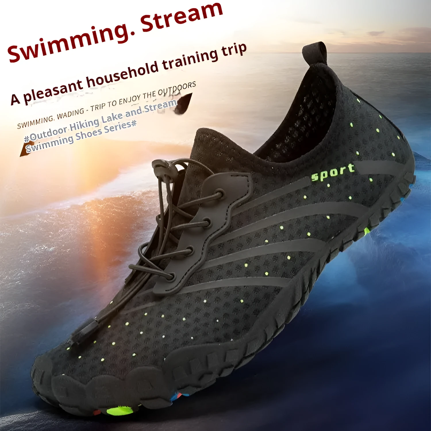 Fast drainage beach swimming shoes with mesh fabric upper and rubber sole in army green colour
