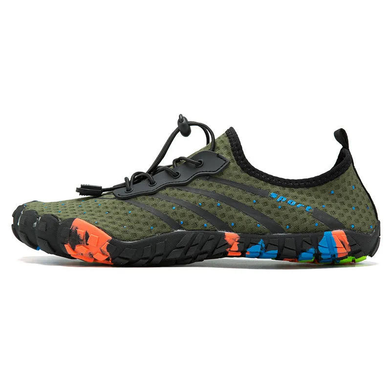 Fast drainage beach swimming shoes with mesh fabric upper and rubber sole in army green colour
