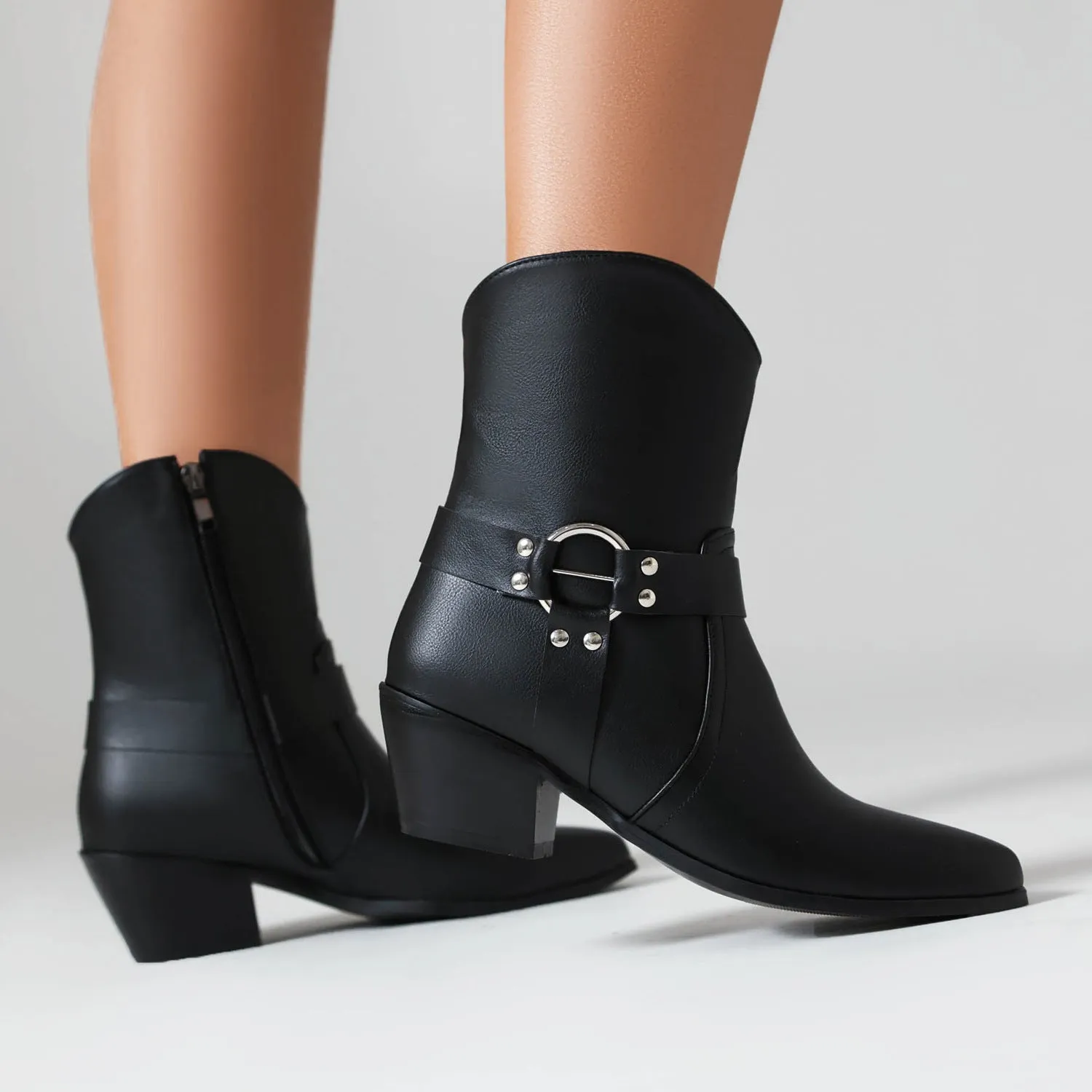 Belt buckle chunky heel martin booties in black artificial PU with low tube design