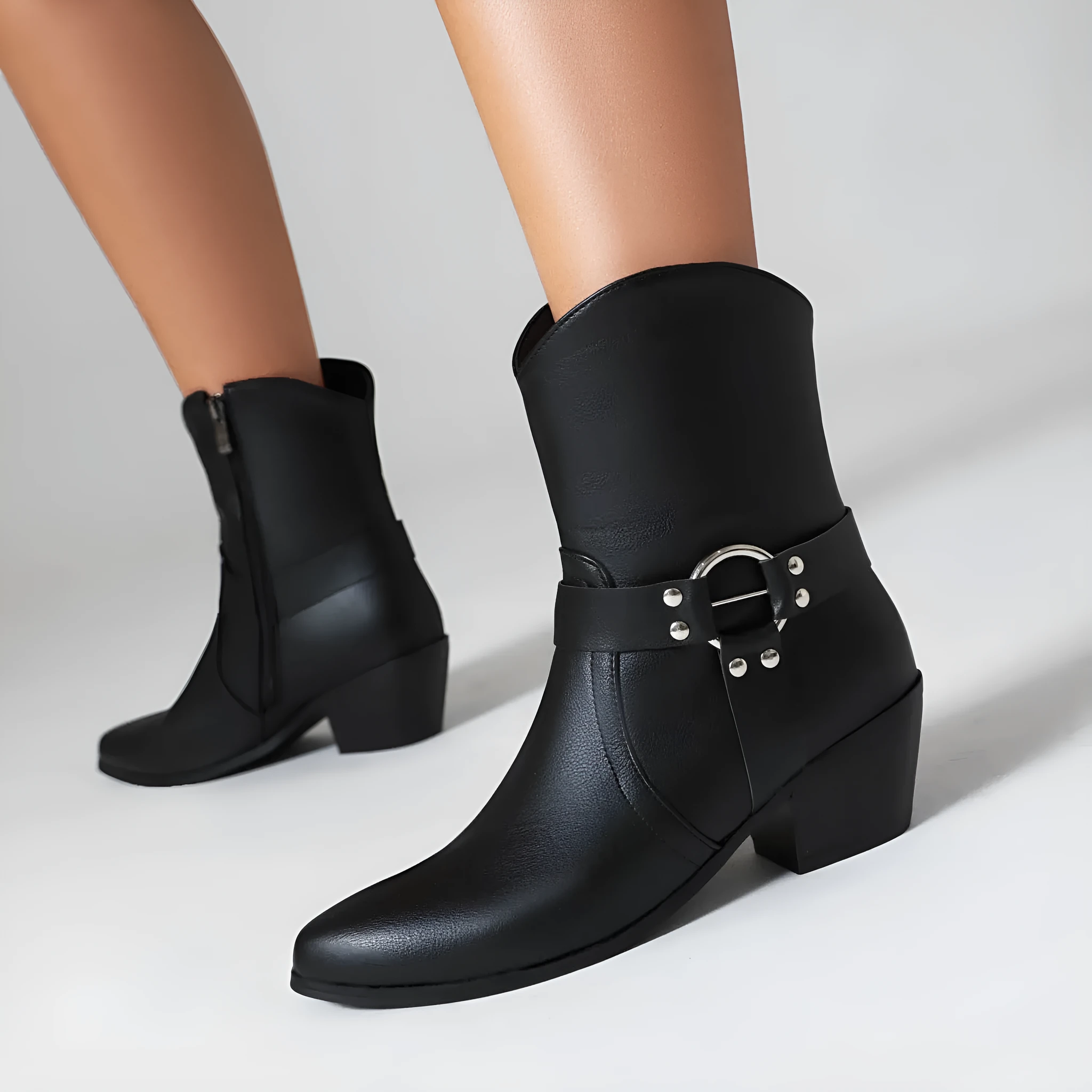 Belt buckle chunky heel martin booties in black artificial PU with low tube design