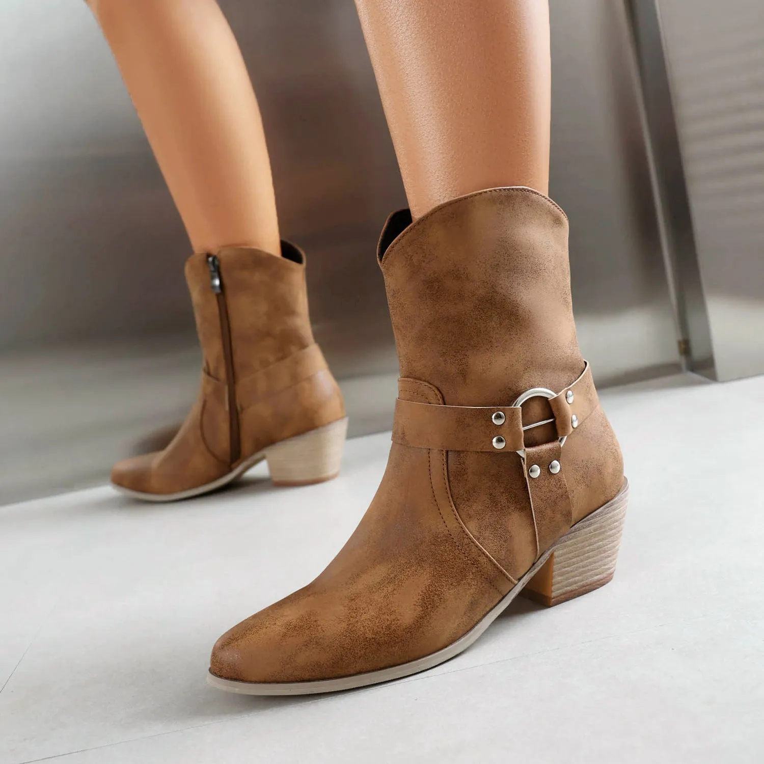 Belt buckle chunky heel martin booties in black artificial PU with low tube design