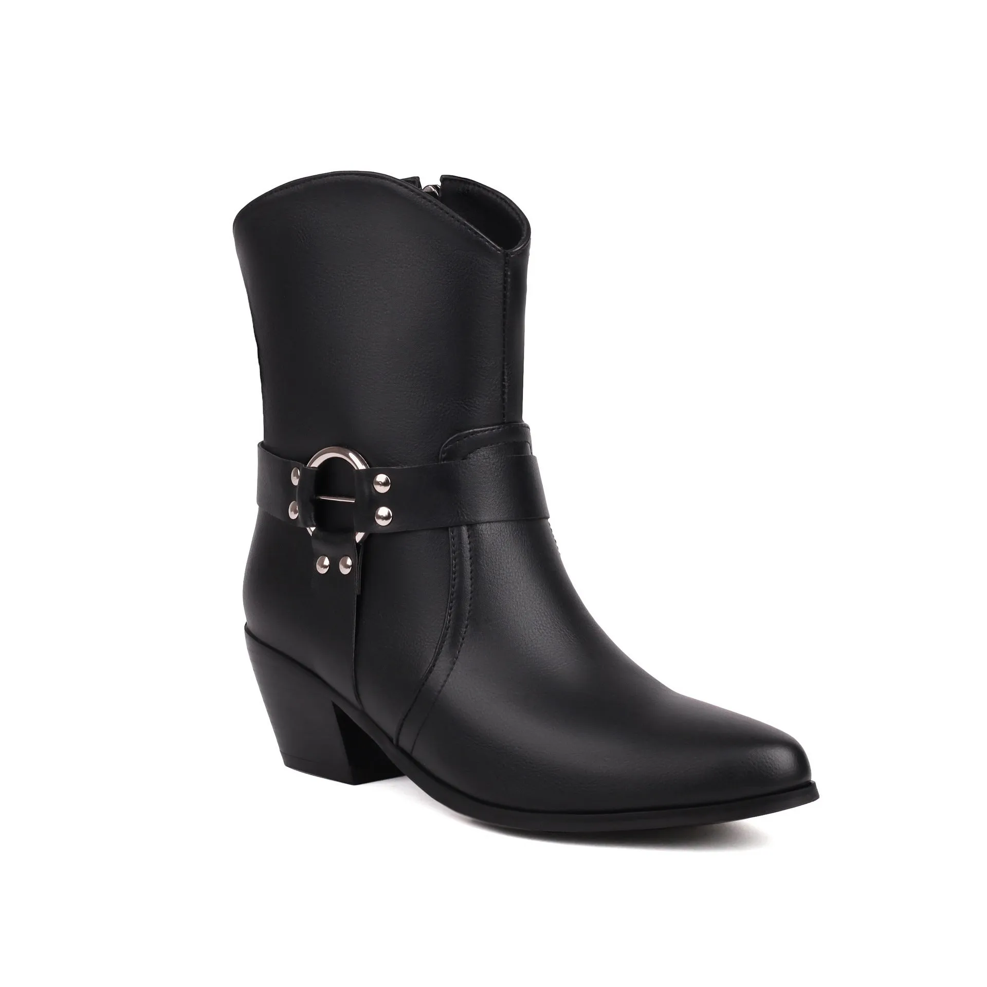 Belt buckle chunky heel martin booties in black artificial PU with low tube design