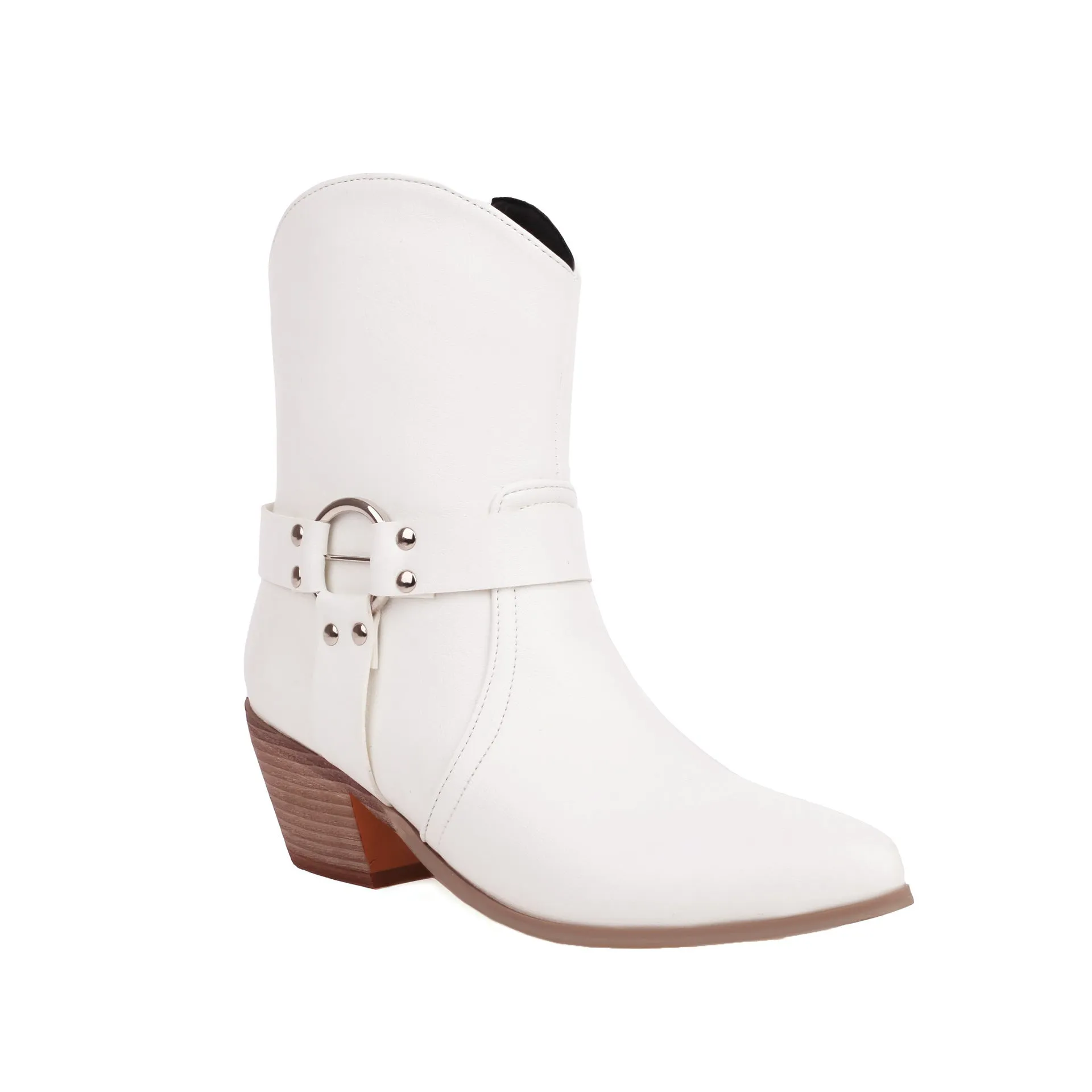 Belt buckle chunky heel martin booties in black artificial PU with low tube design