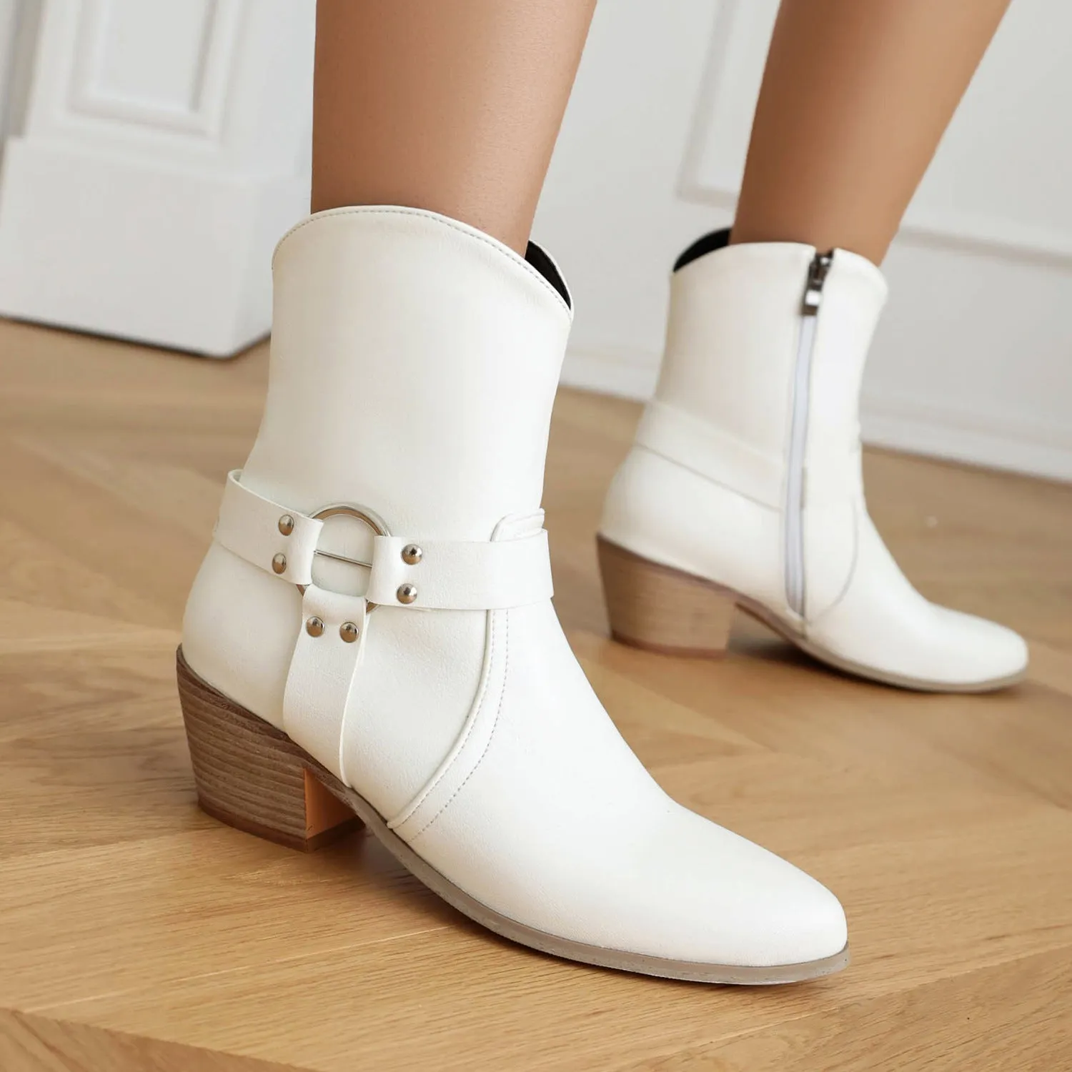Belt buckle chunky heel martin booties in black artificial PU with low tube design