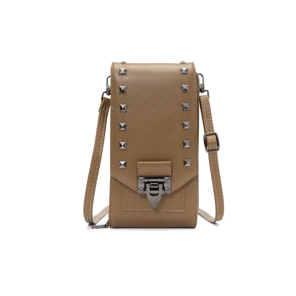 Rivet design crossbody bag for women in solid colour PU leather with card slot and cover closure