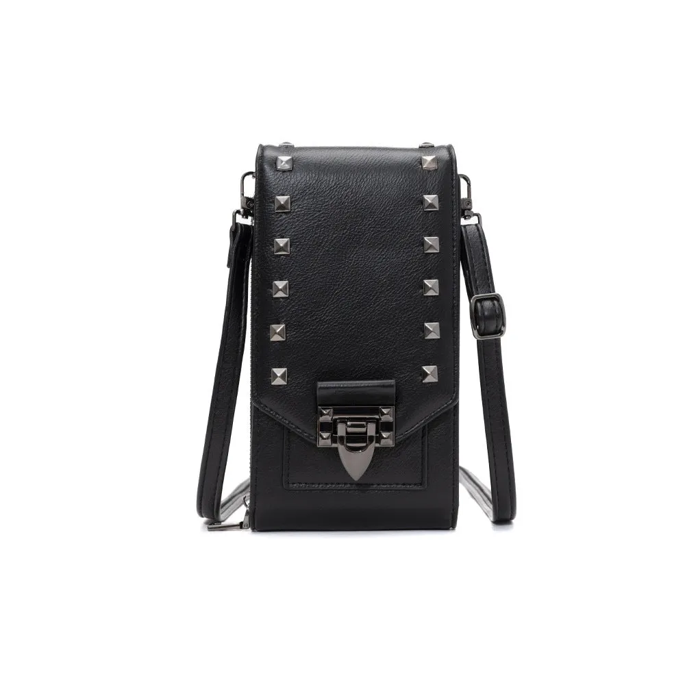Rivet design crossbody bag for women in solid colour PU leather with card slot and cover closure