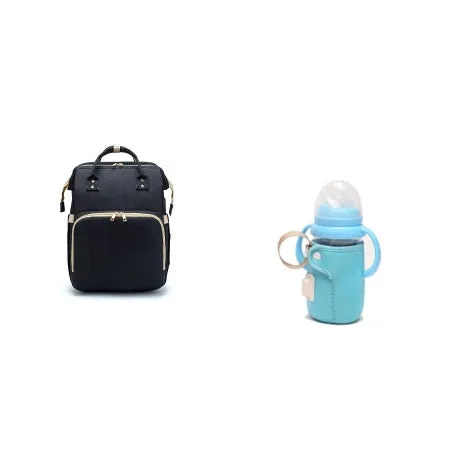 USB charging folding baby bed backpack with mattress in black, showing backpack and crib setup