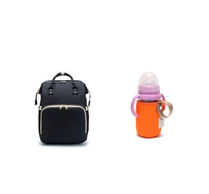USB charging folding baby bed backpack with mattress in black, showing backpack and crib setup