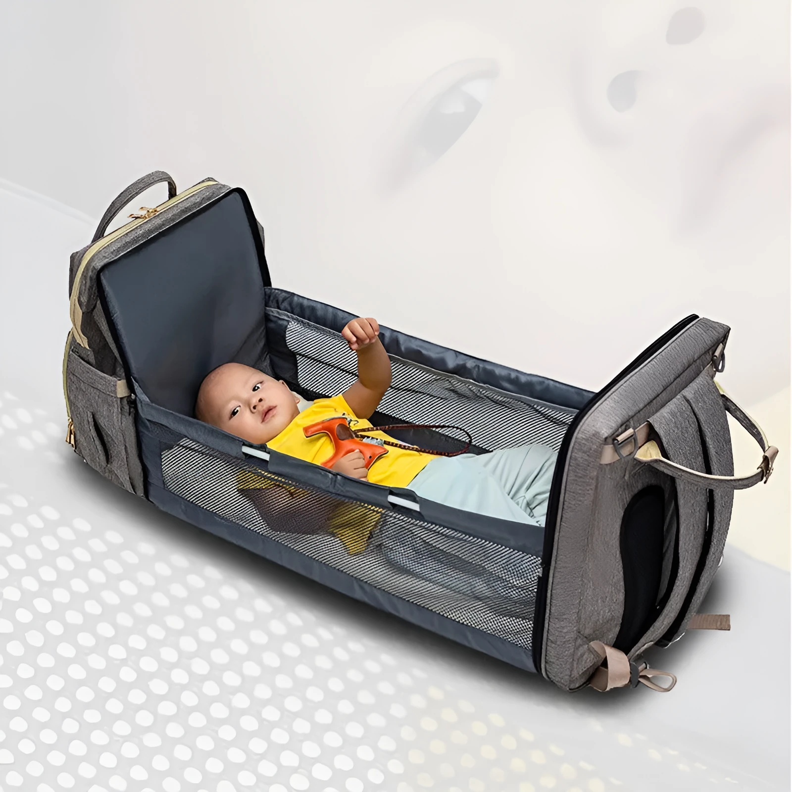 USB charging folding baby bed backpack with mattress in black, showing backpack and crib setup