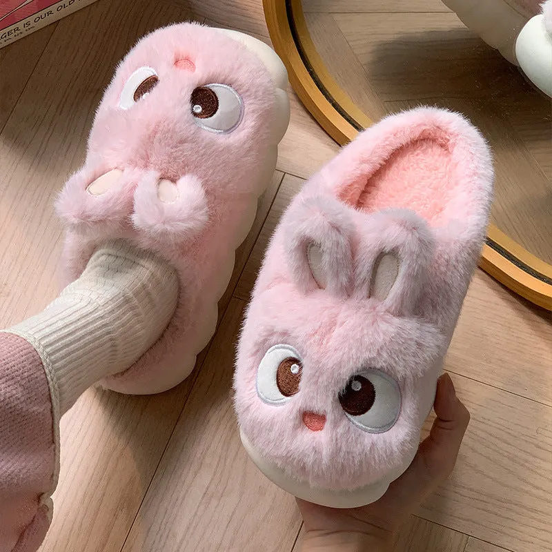 Female cartoon ankle wrap thermal cotton slippers in pink, blue, and gray options with suede upper and non-slip PVC sole