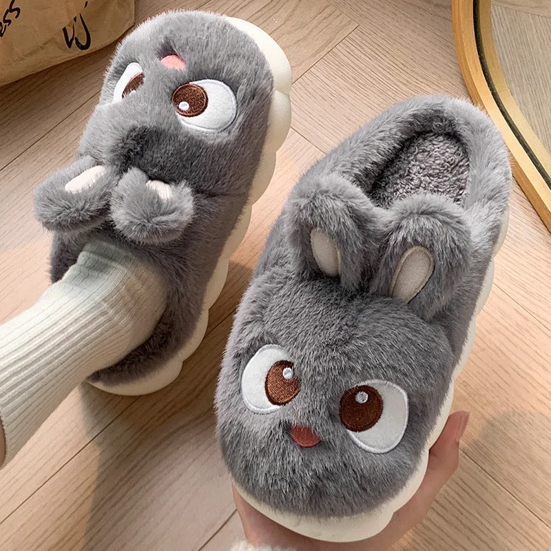 Female cartoon ankle wrap thermal cotton slippers in pink, blue, and gray options with suede upper and non-slip PVC sole