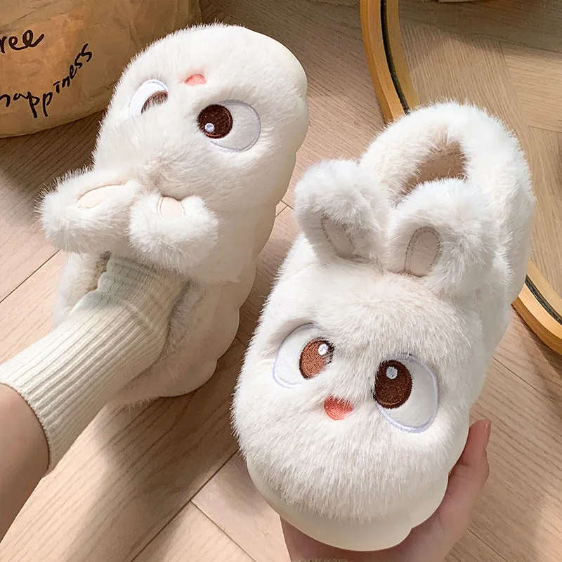 Female cartoon ankle wrap thermal cotton slippers in pink, blue, and gray options with suede upper and non-slip PVC sole