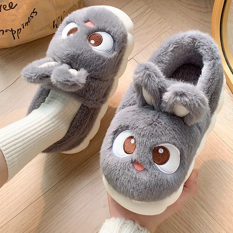 Female cartoon ankle wrap thermal cotton slippers in pink, blue, and gray options with suede upper and non-slip PVC sole