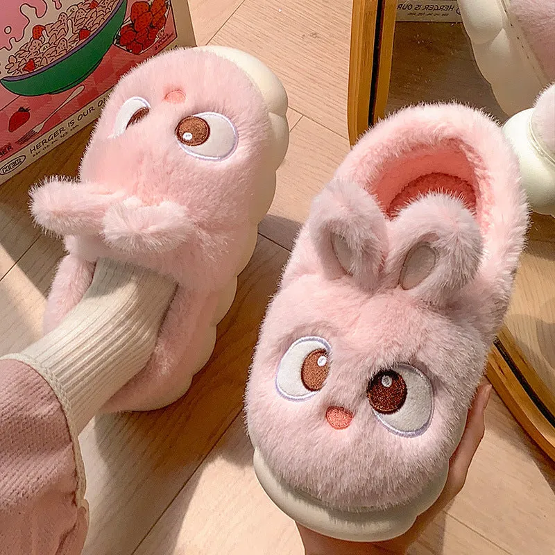Female cartoon ankle wrap thermal cotton slippers in pink, blue, and gray options with suede upper and non-slip PVC sole