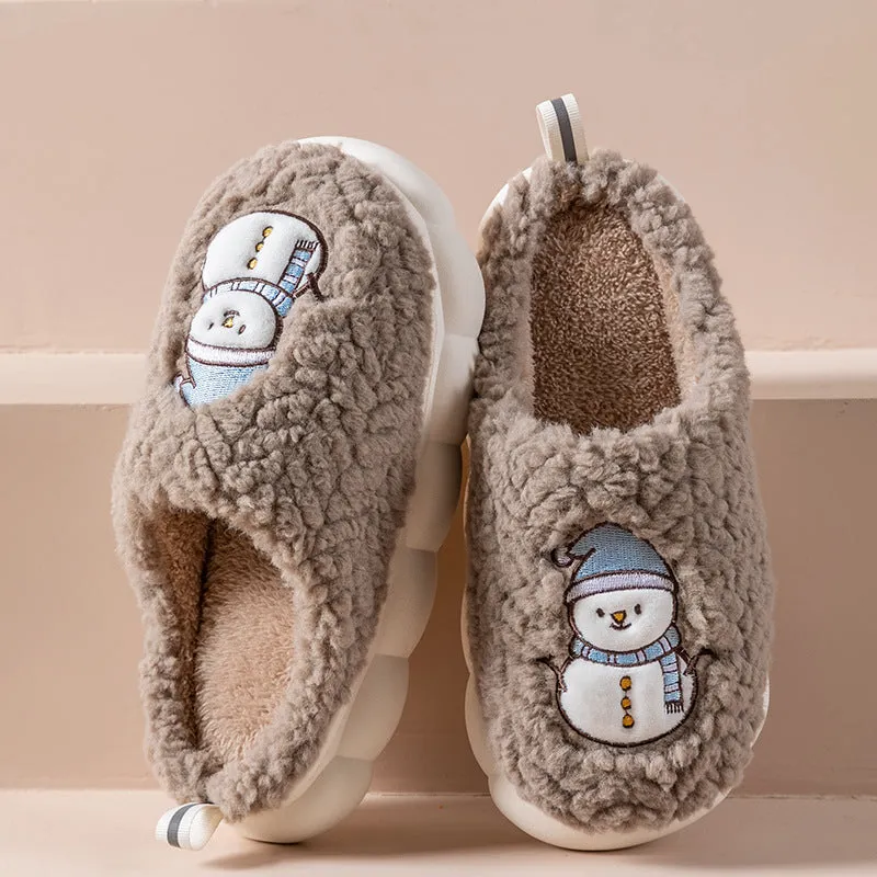 Cute snowman indoor slippers with soft plush upper and anti-slip sole, available in multiple colours