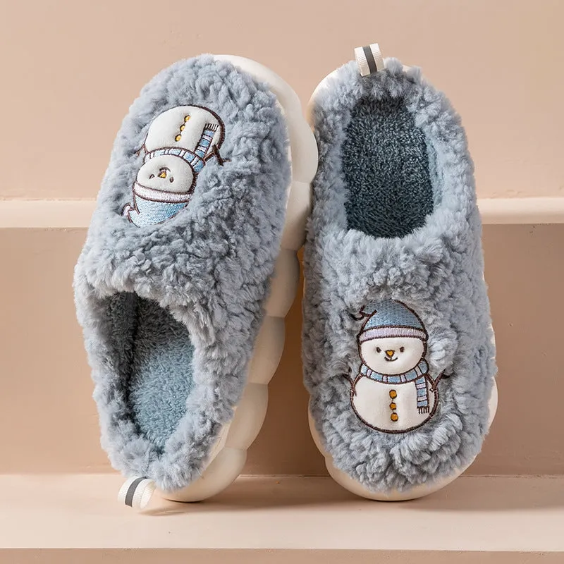Cute snowman indoor slippers with soft plush upper and anti-slip sole, available in multiple colours