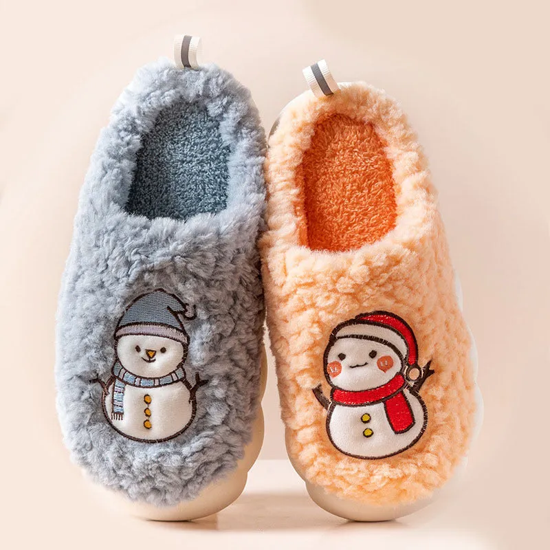 Cute snowman indoor slippers with soft plush upper and anti-slip sole, available in multiple colours