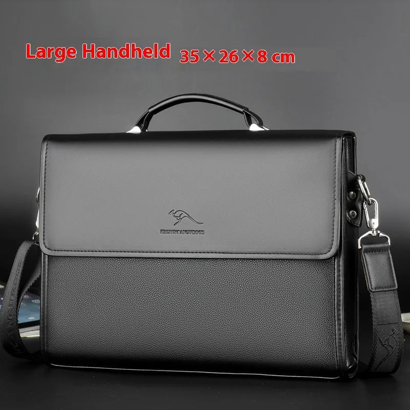 Men's PU leather business crossbody bag in brown portable small size with sewing thread details