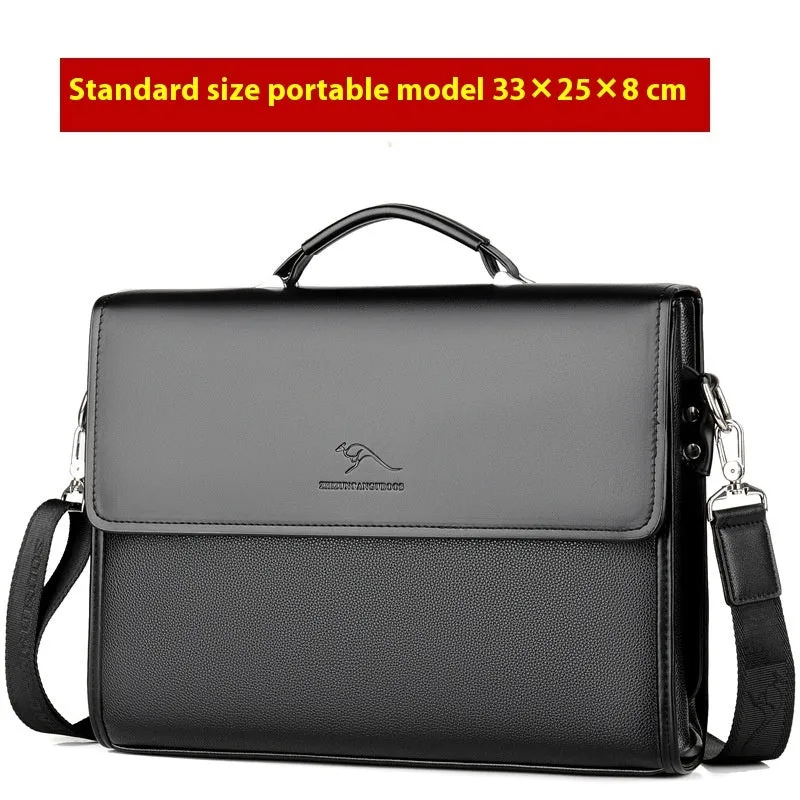 Men's PU leather business crossbody bag in brown portable small size with sewing thread details