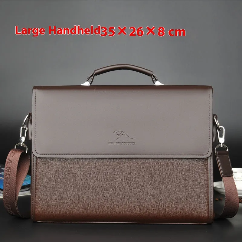 Men's PU leather business crossbody bag in brown portable small size with sewing thread details