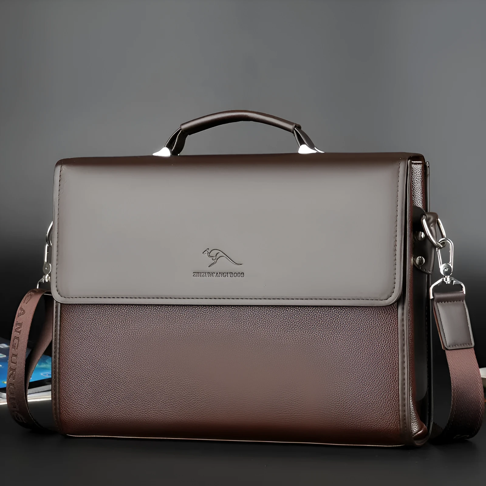 Men's PU leather business crossbody bag in brown portable small size with sewing thread details