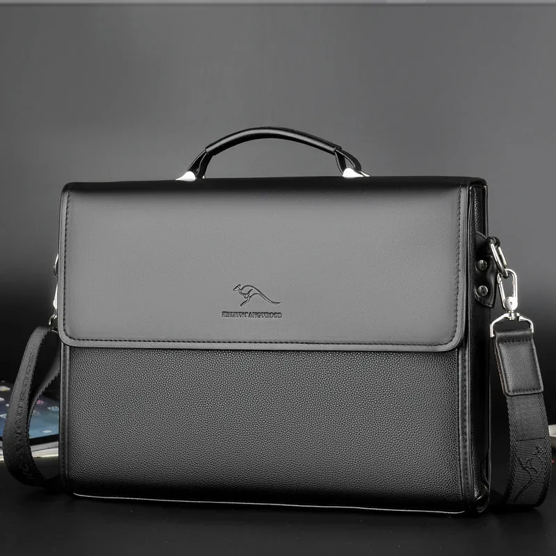 Men's PU leather business crossbody bag in brown portable small size with sewing thread details
