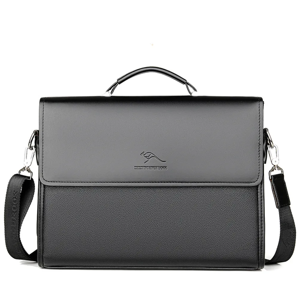 Men's PU leather business crossbody bag in brown portable small size with sewing thread details