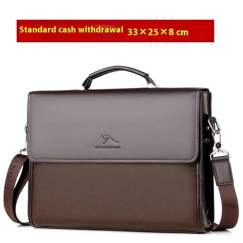 Men's PU leather business crossbody bag in brown portable small size with sewing thread details