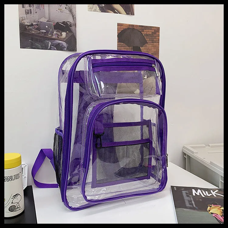 Transparent PVC waterproof backpack with a coloured inner voile bag, showing dimensions of 30cm by 16cm by 44cm.
