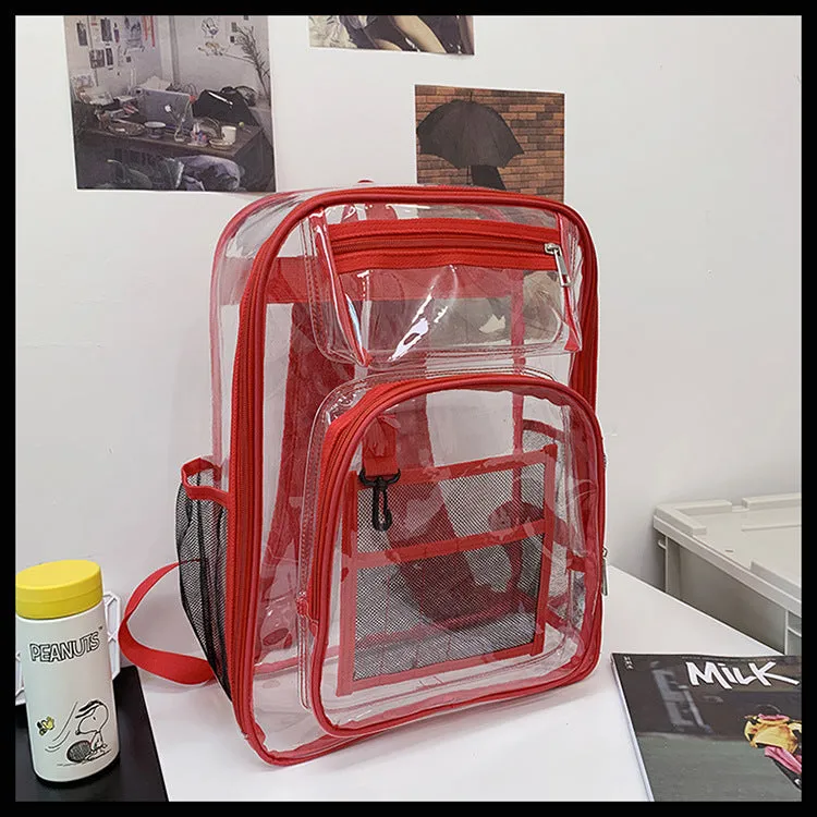 Transparent PVC waterproof backpack with a coloured inner voile bag, showing dimensions of 30cm by 16cm by 44cm.