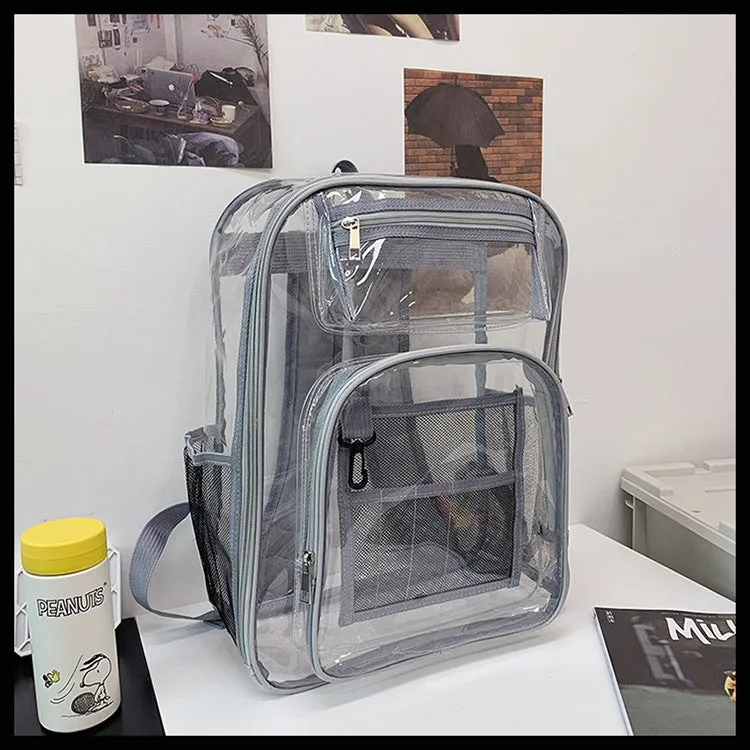 Transparent PVC waterproof backpack with a coloured inner voile bag, showing dimensions of 30cm by 16cm by 44cm.