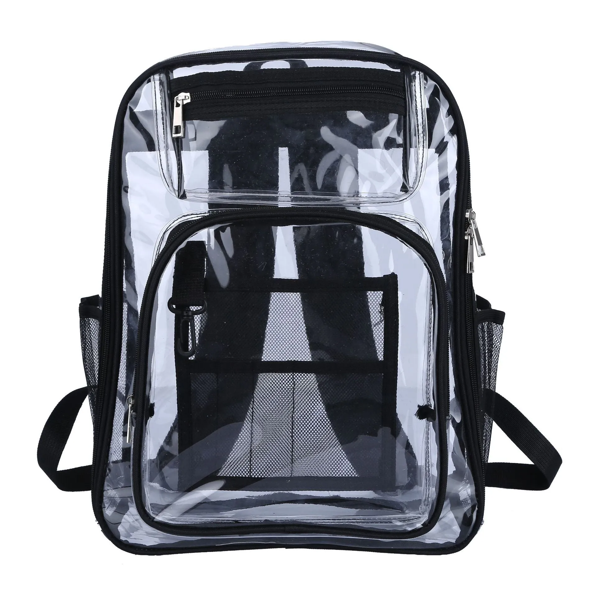 Transparent PVC waterproof backpack with a coloured inner voile bag, showing dimensions of 30cm by 16cm by 44cm.