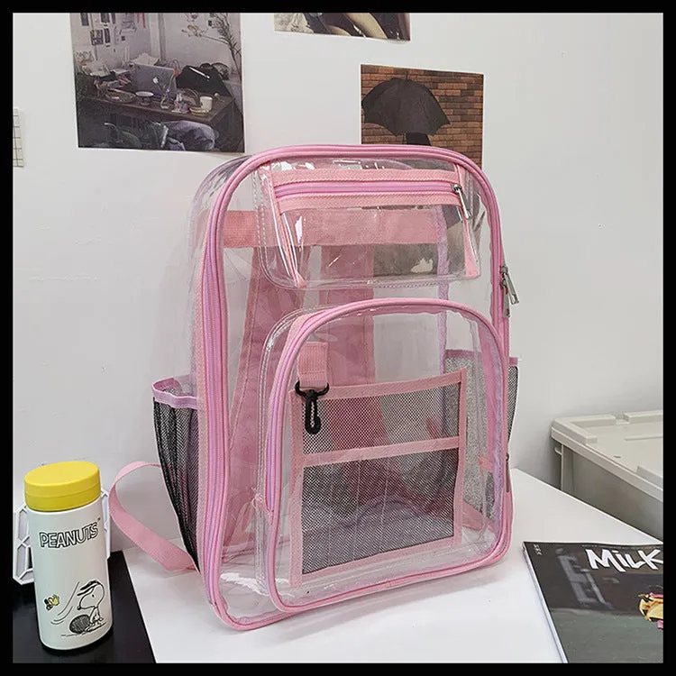 Transparent PVC waterproof backpack with a coloured inner voile bag, showing dimensions of 30cm by 16cm by 44cm.