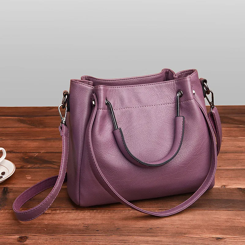 Korean fashion women's soft PU retro bucket handbag medium size solid colour with zipper closure