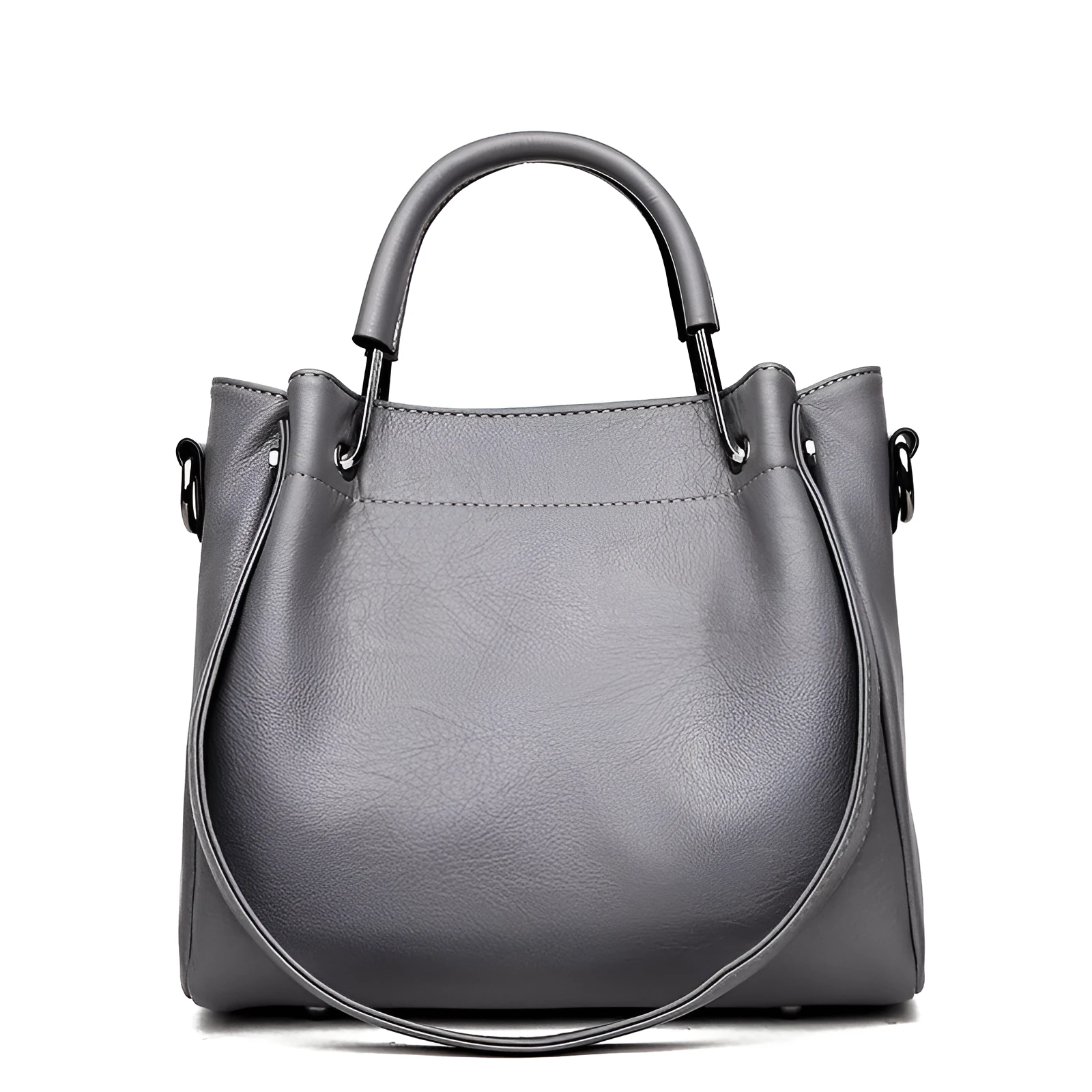Korean fashion women's soft PU retro bucket handbag medium size solid colour with zipper closure